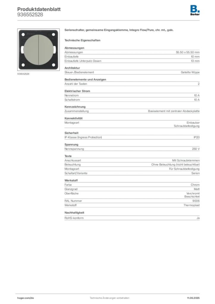 Bild Berker Produktdatenblatt 936552528 | Hager Deutschland