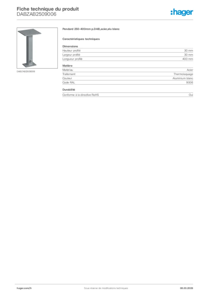 Image Hager Fiche technique du produit DABZAB2509006 | Hager France