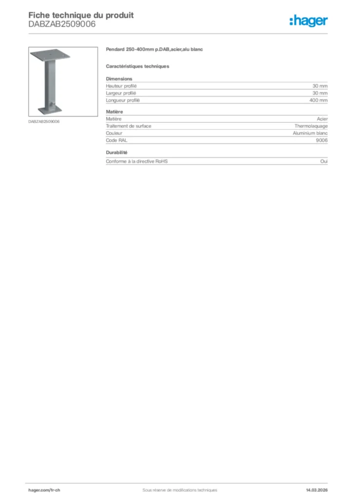 Image Hager Fiche technique du produit DABZAB2509006 | Hager Suisse