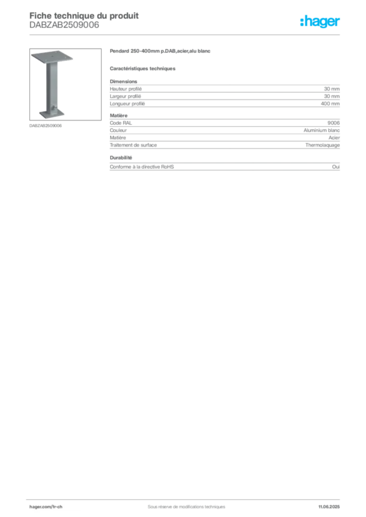 Image Hager Fiche technique du produit DABZAB2509006 | Hager Suisse