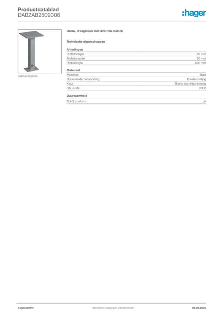 Afbeelding Hager Productdatablad DABZAB2509006 | Hager Nederland