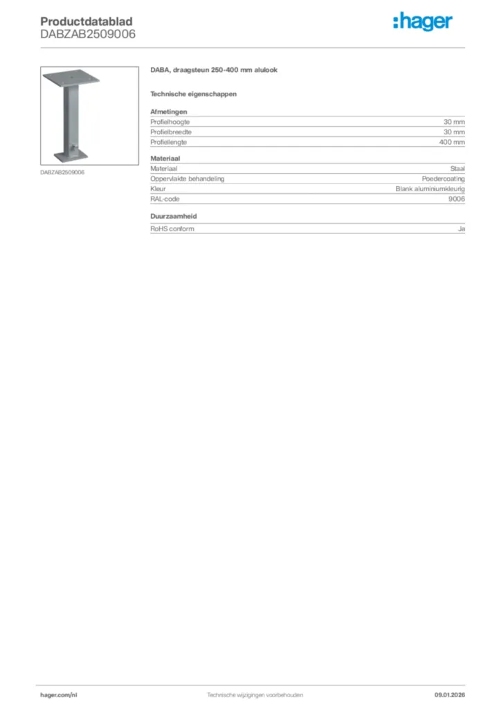 Afbeelding Hager Productdatablad DABZAB2509006 | Hager Nederland