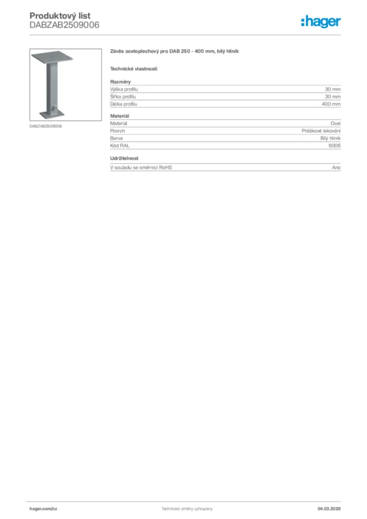 Obrázek Hager Product data sheet DABZAB2509006 | Hager
