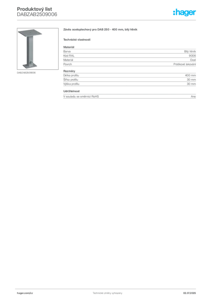 Obrázek Hager Produktový list DABZAB2509006 | Hager