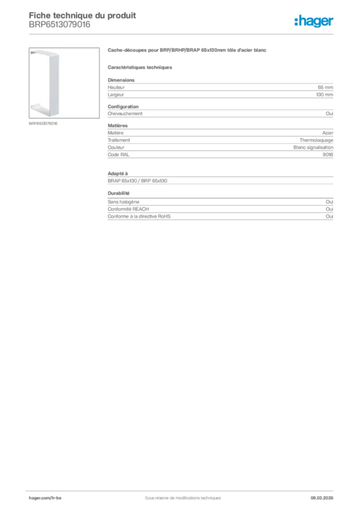 Image Hager Fiche technique du produit BRP6513079016 | Hager Belgique
