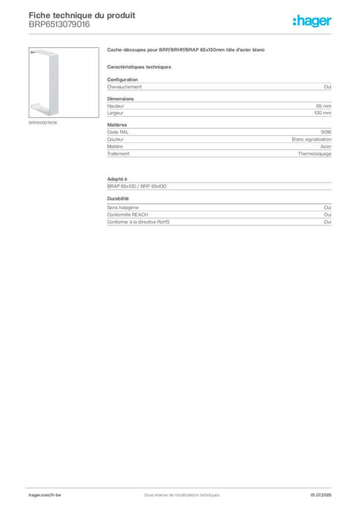 Image Hager Fiche technique du produit BRP6513079016 | Hager Belgique