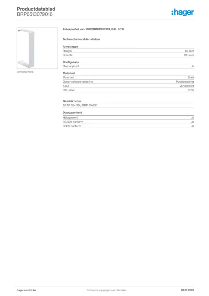 Afbeelding Hager Productdatablad BRP6513079016 | Hager Belgium