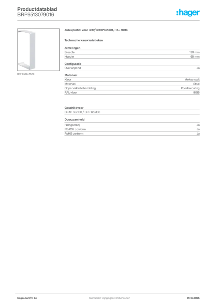 Afbeelding Hager Productdatablad BRP6513079016 | Hager Belgium