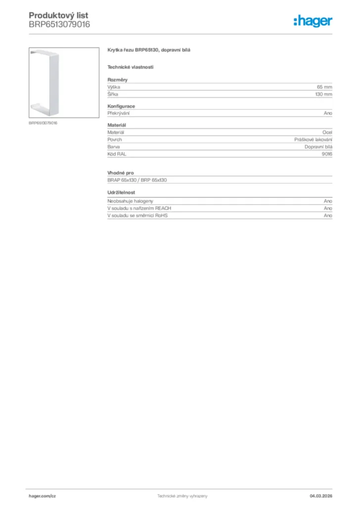 Obrázek Hager Product data sheet BRP6513079016 | Hager