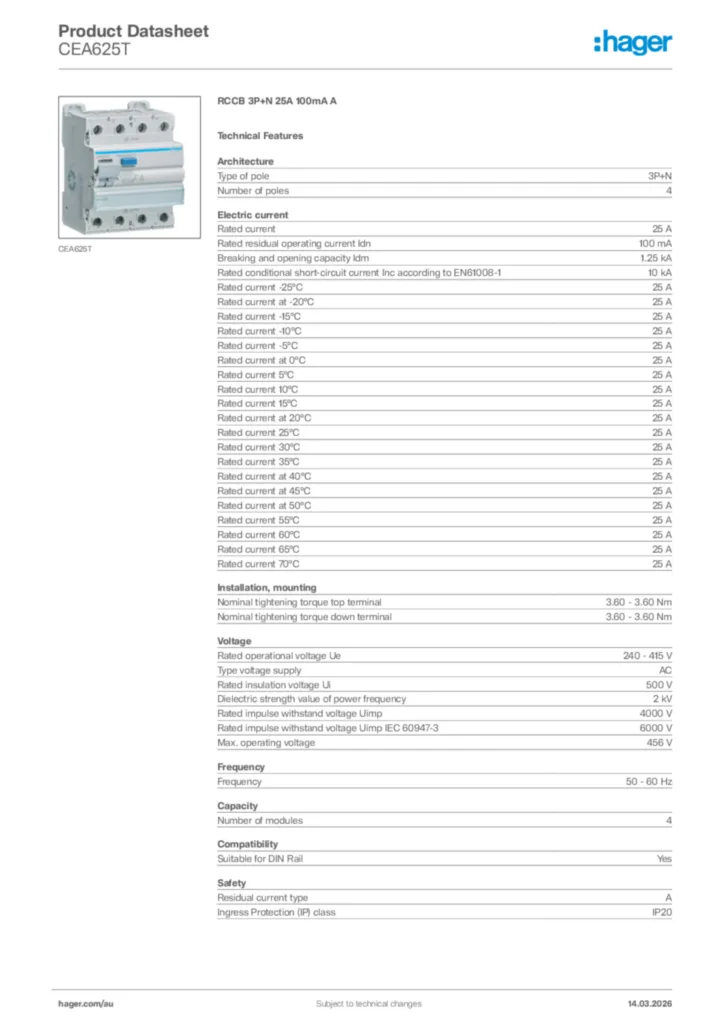 Image Hager Product data sheet CEA625T  | Hager Australia