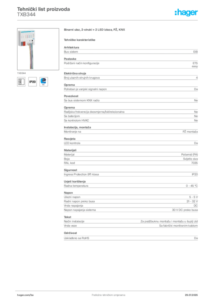 Slika Hager Product data sheet TXB344  | Hager