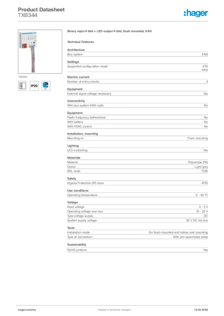 Image Hager Product data sheet TXB344  | Hager