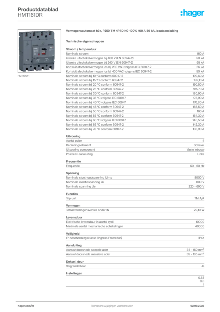 Afbeelding Hager Productdatablad HMT161DR | Hager Nederland
