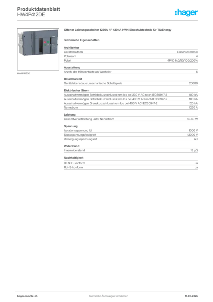 Bild Hager Produktdatenblatt HW4P412DE | Hager Schweiz