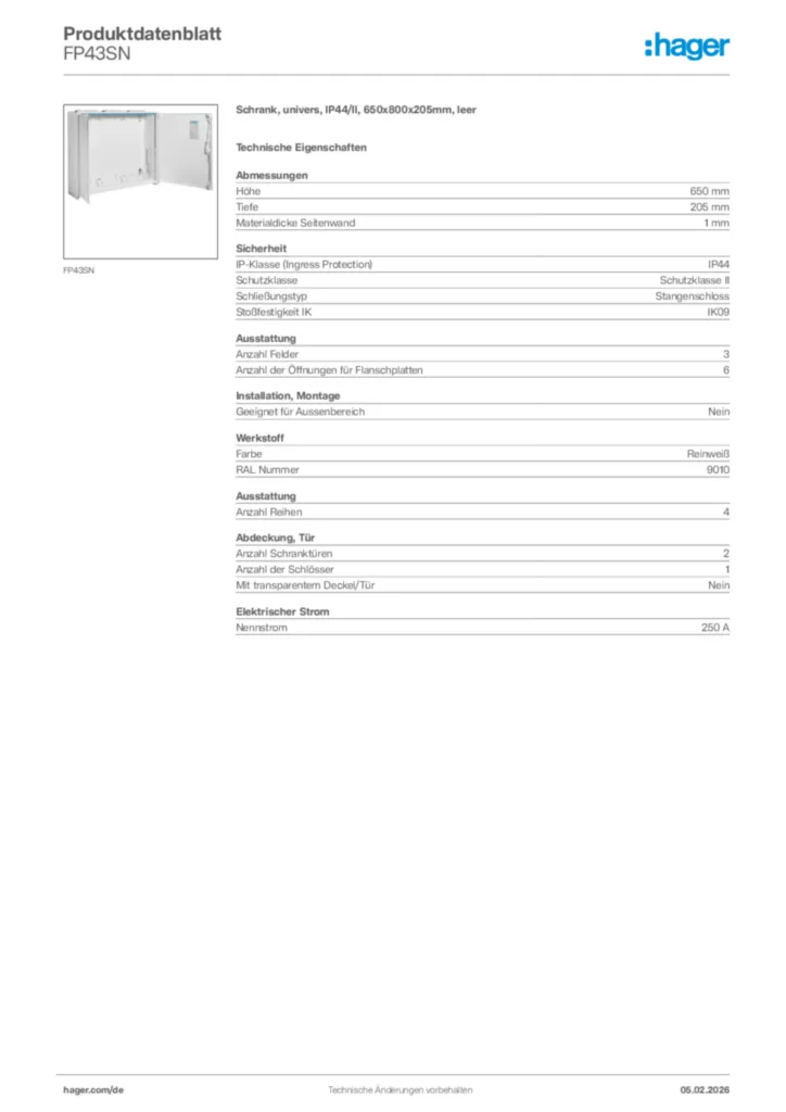 Bild Hager Produktdatenblatt FP43SN | Hager Deutschland