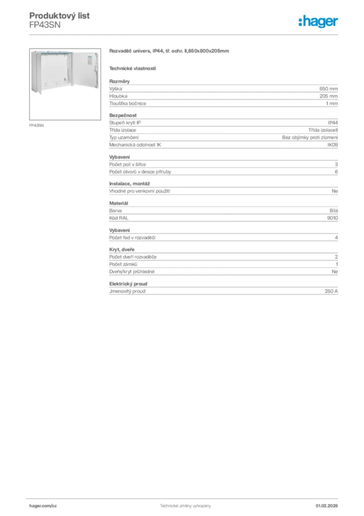 Obrázek Hager Product data sheet FP43SN | Hager