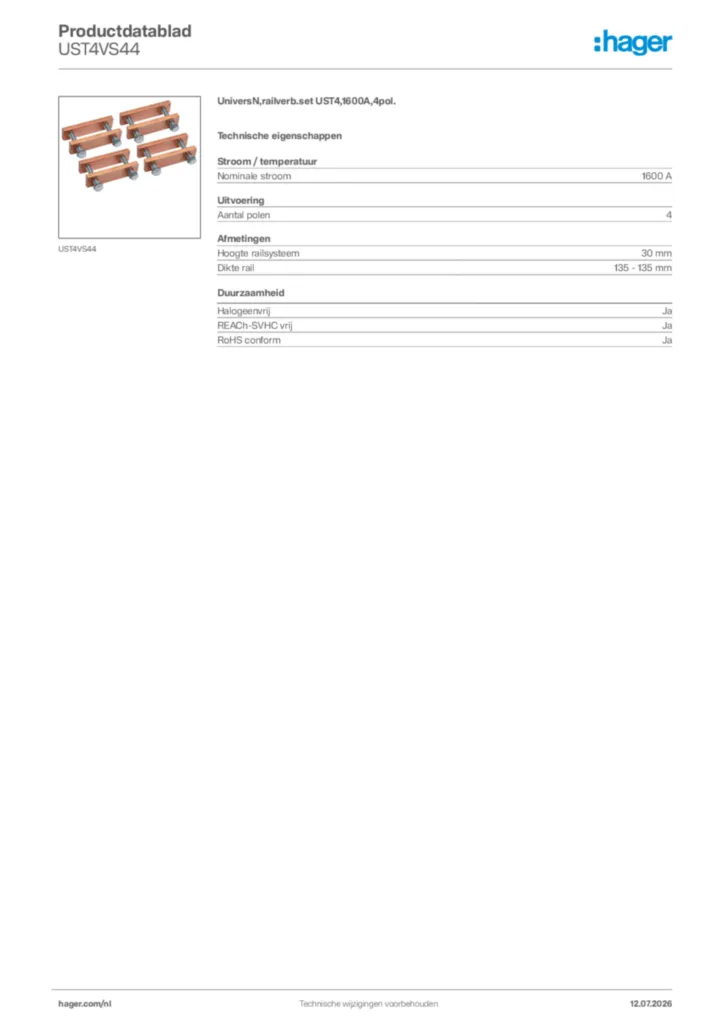 Afbeelding Hager Productdatablad UST4VS44 | Hager Nederland