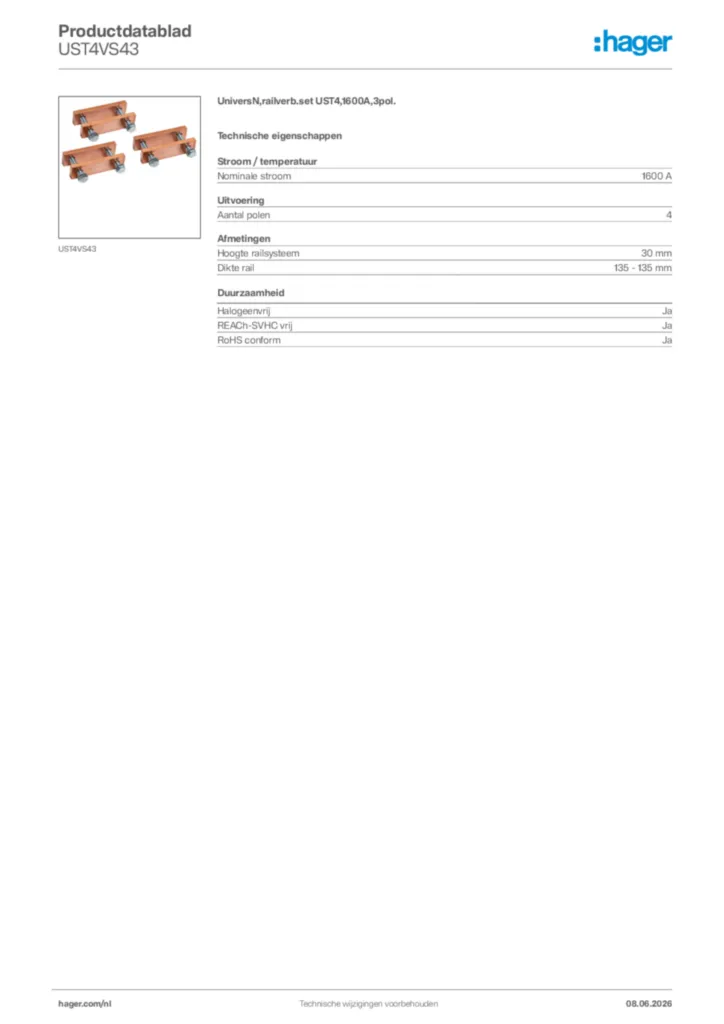 Afbeelding Hager Productdatablad UST4VS43 | Hager Nederland