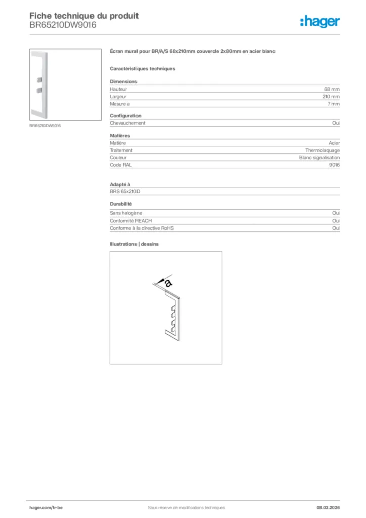 Image Hager Fiche technique du produit BR65210DW9016 | Hager Belgique