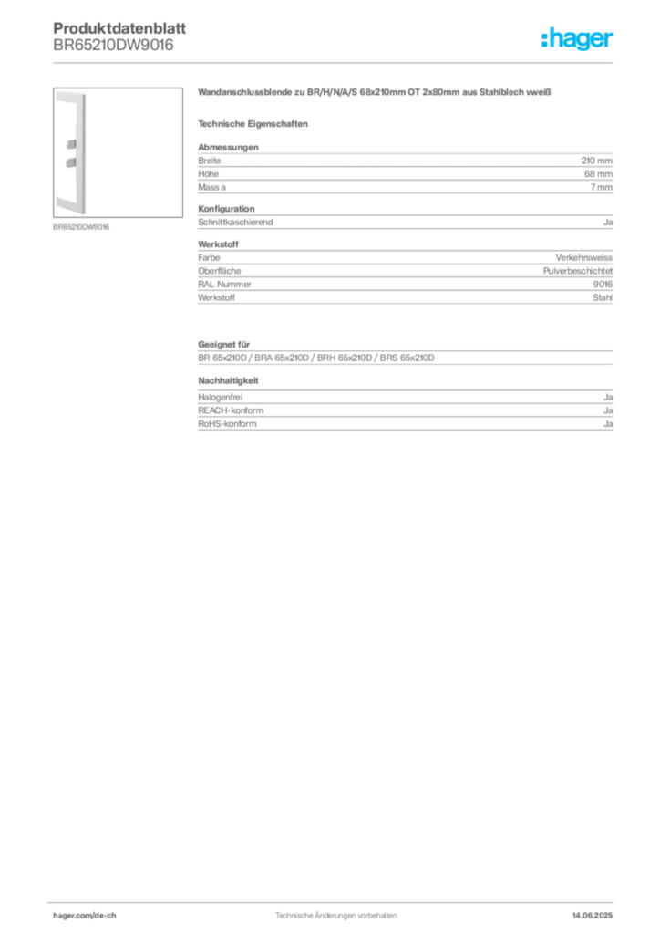 Bild Hager Produktdatenblatt BR65210DW9016 | Hager Schweiz