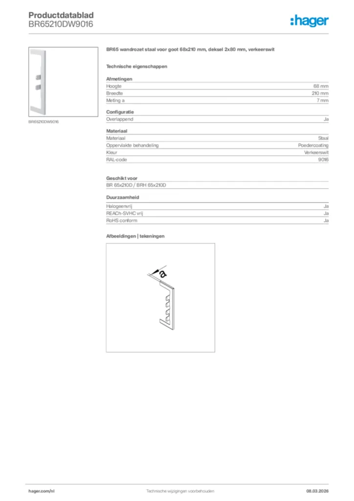 Afbeelding Hager Productdatablad BR65210DW9016 | Hager Nederland