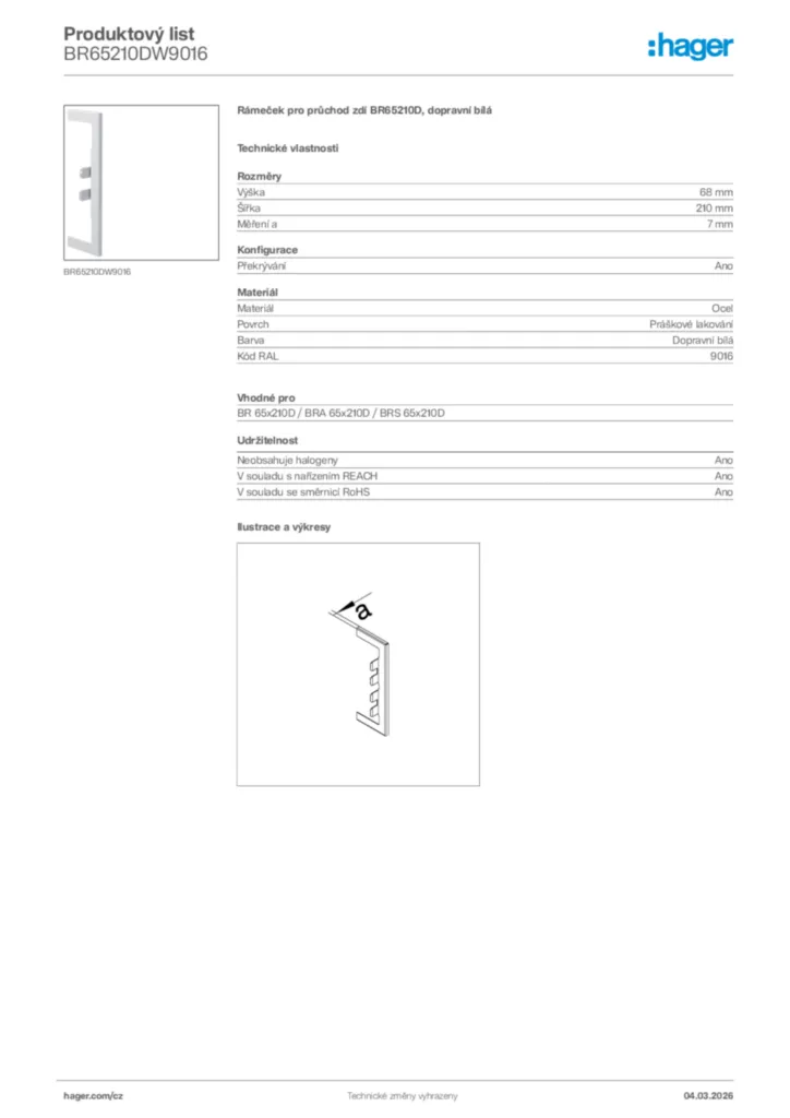 Obrázek Hager Product data sheet BR65210DW9016 | Hager