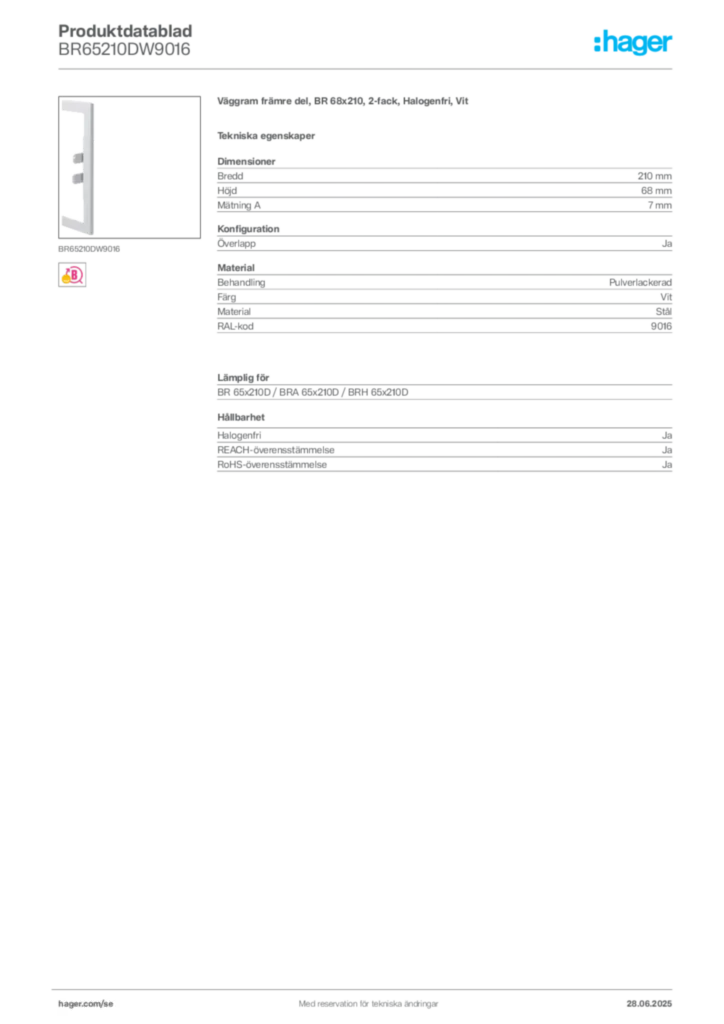 Bild Hager Produktdatablad BR65210DW9016 | Hager Sverige
