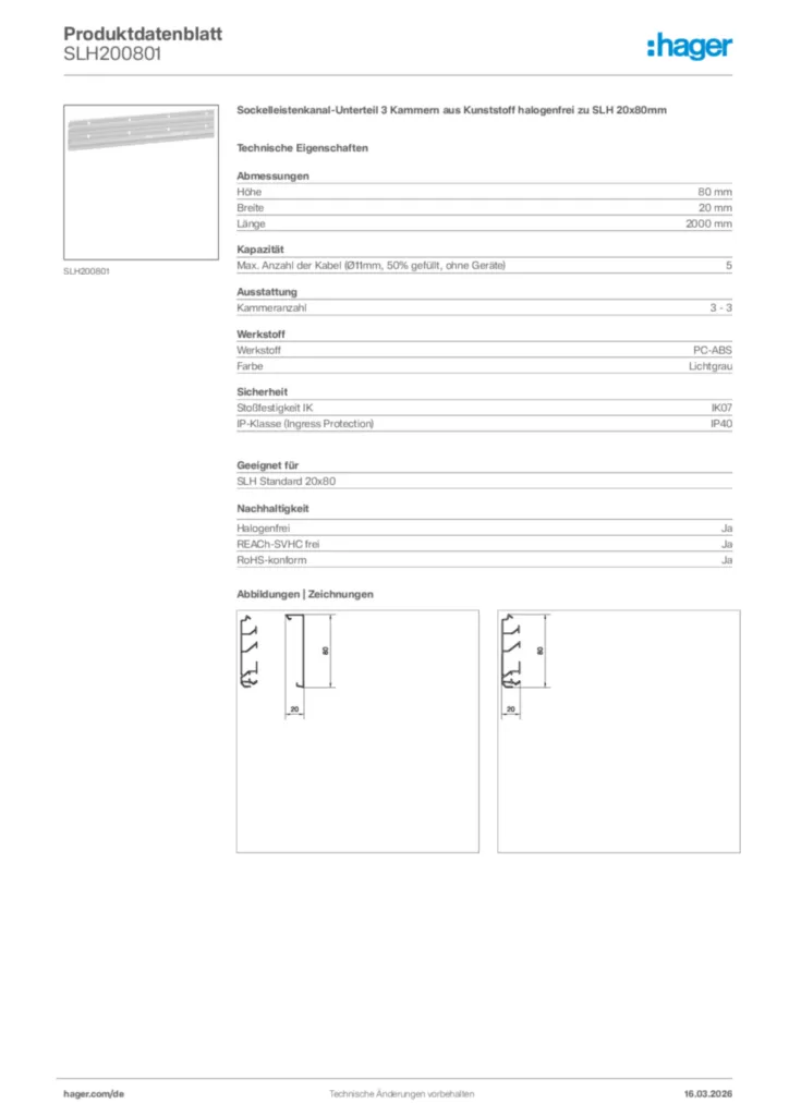 Bild Hager Produktdatenblatt SLH200801 | Hager Deutschland