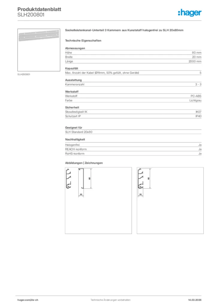 Bild Hager Produktdatenblatt SLH200801 | Hager Schweiz