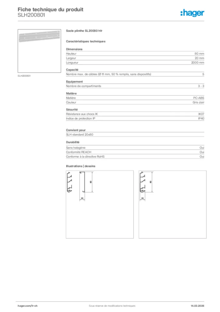 Image Hager Fiche technique du produit SLH200801 | Hager Suisse