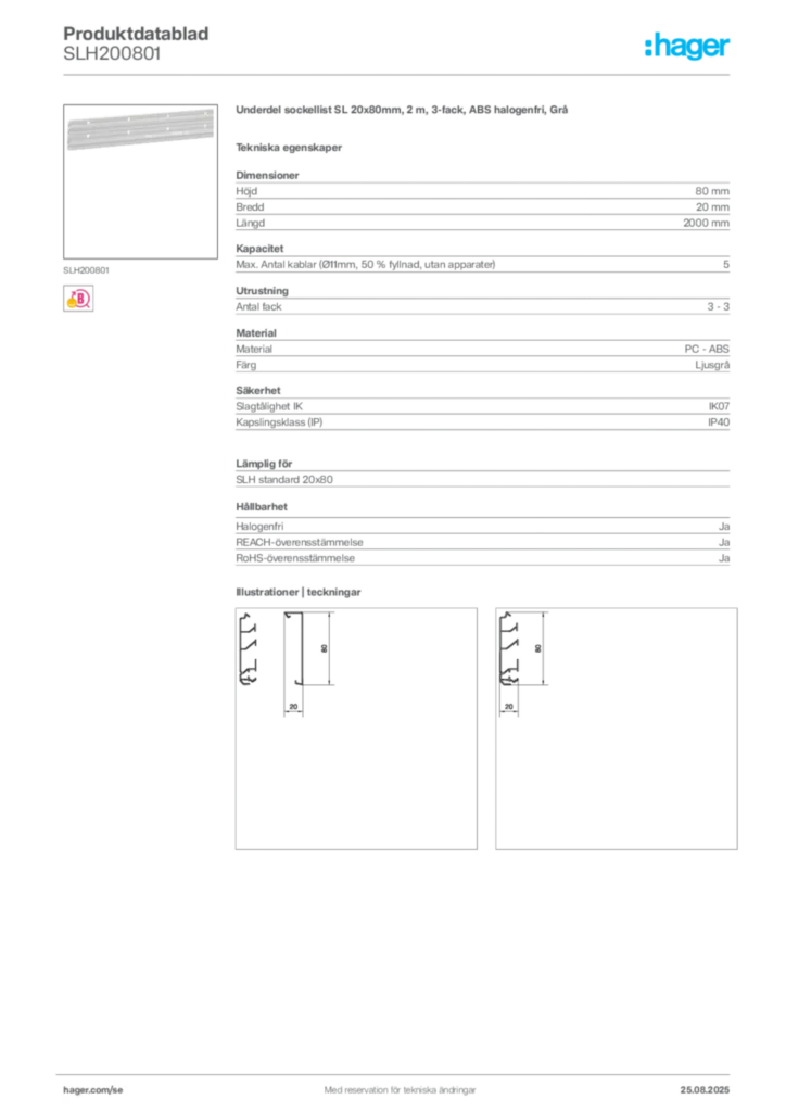 Bild Hager Produktdatablad SLH200801 | Hager Sverige