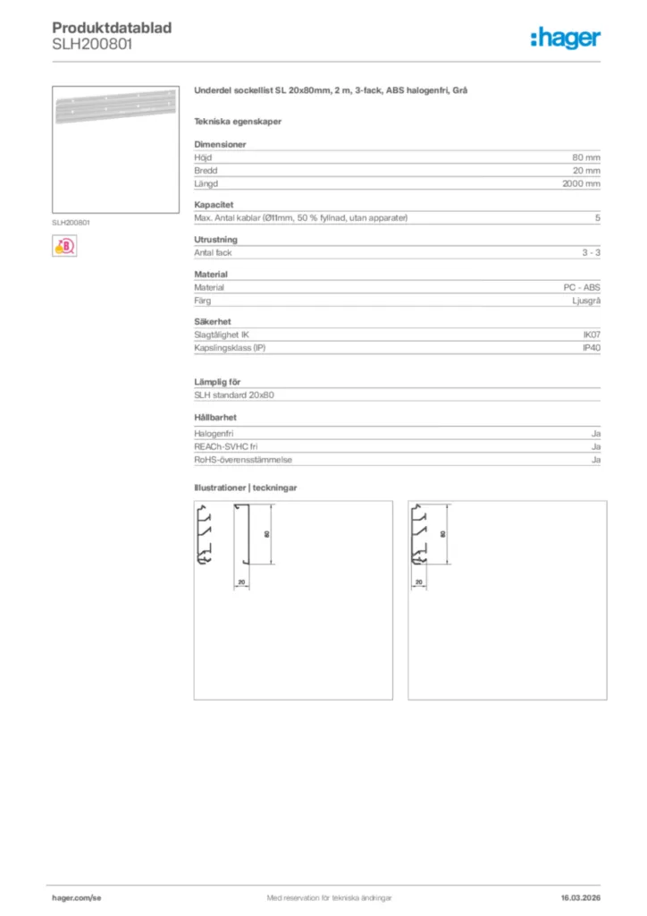 Bild Hager Produktdatablad SLH200801 | Hager Sverige