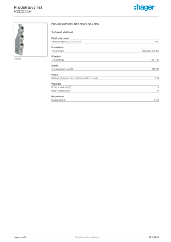 Obrázek Hager Produktový list HXC025H | Hager