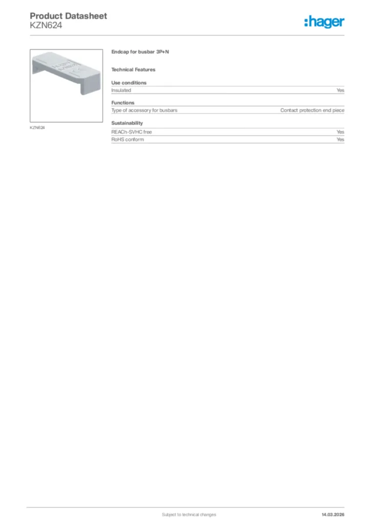 Image Hager Product data sheet KZN624  | Hager Africa