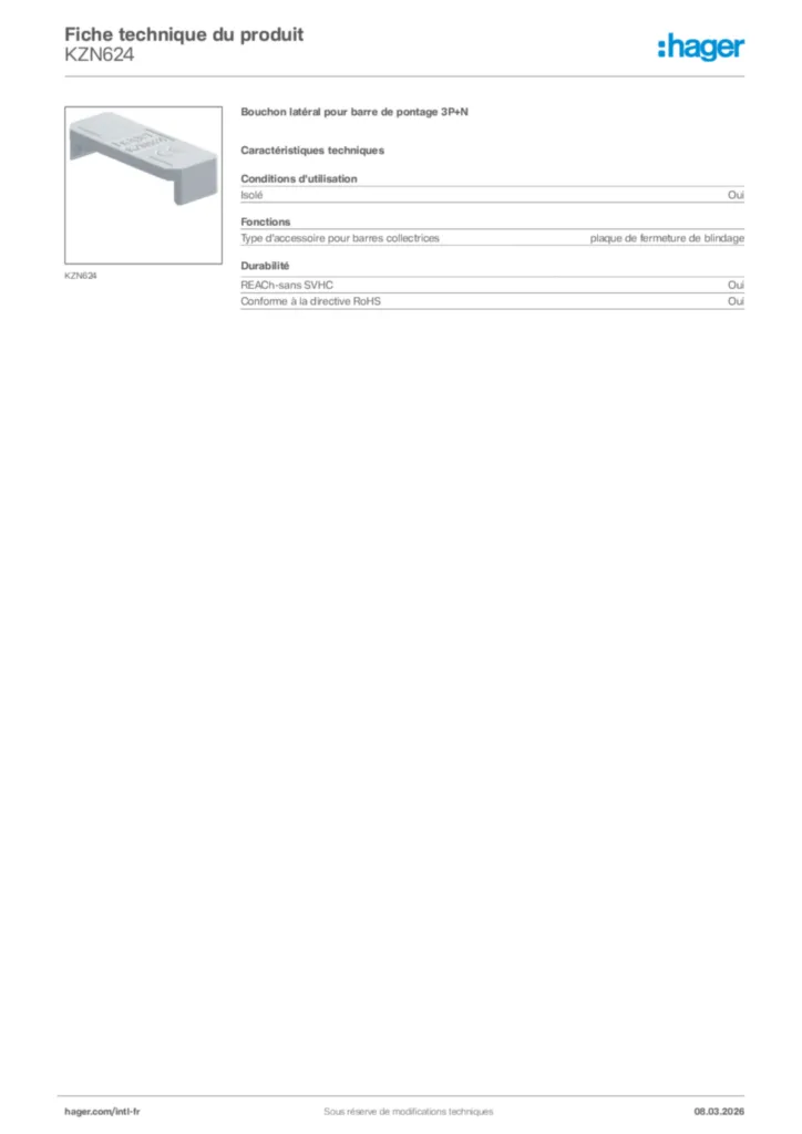 Image Hager Fiche technique du produit KZN624 | Hager Afrique