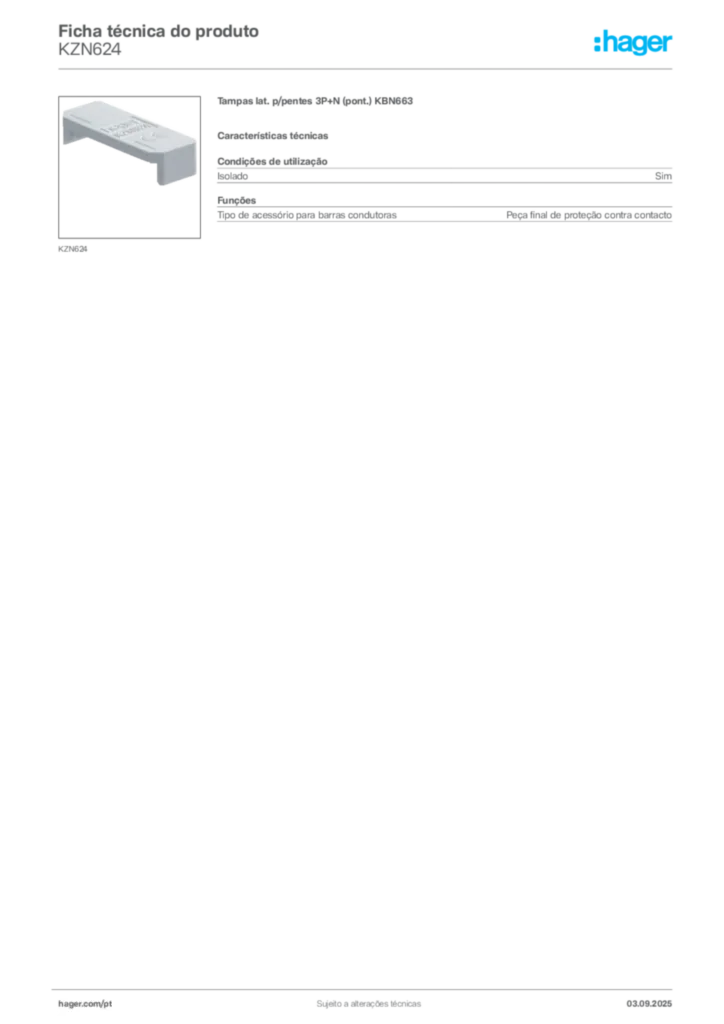 Imagem Hager Ficha técnica do produto KZN624 | Hager Portugal