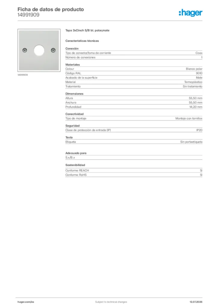 Imagen Hager Ficha de datos de producto 14991909 | Hager España
