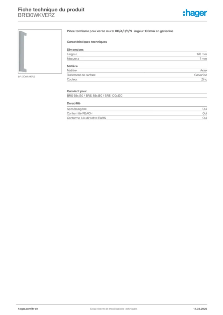 Image Hager Fiche technique du produit BR130WKVERZ | Hager Suisse