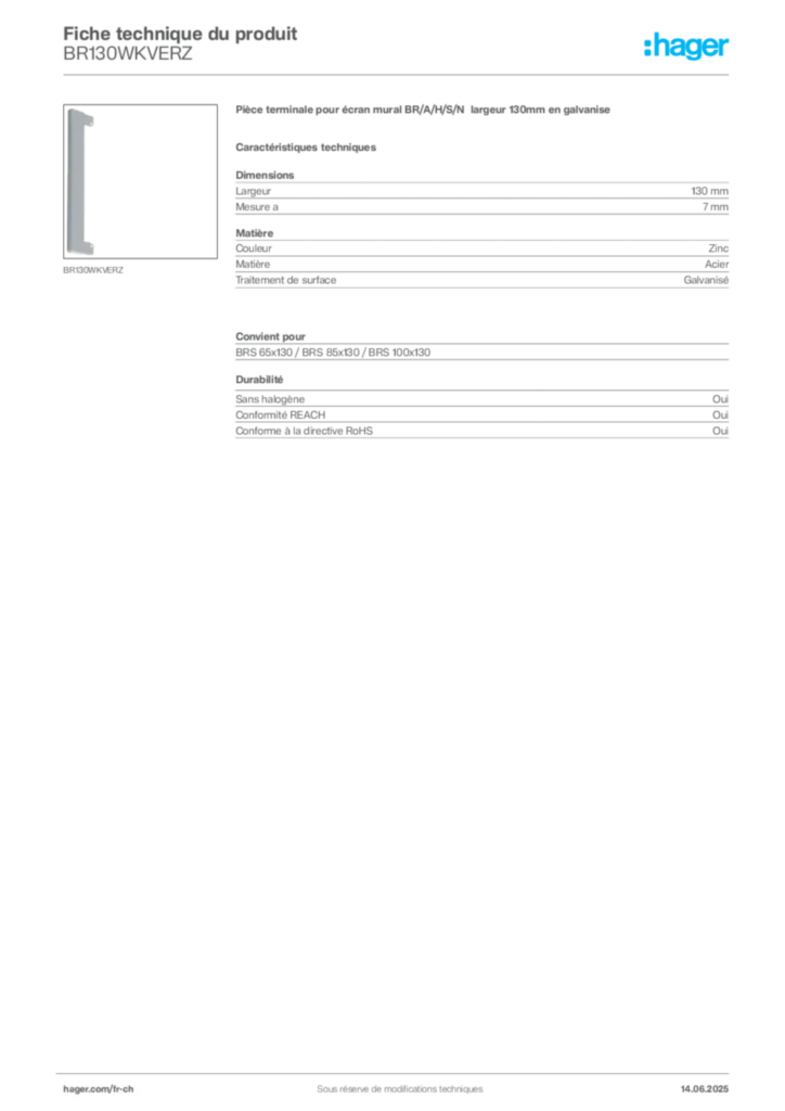 Image Hager Fiche technique du produit BR130WKVERZ | Hager Suisse