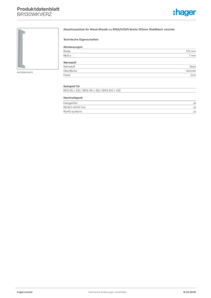 Bild Hager Produktdatenblatt BR130WKVERZ | Hager Deutschland