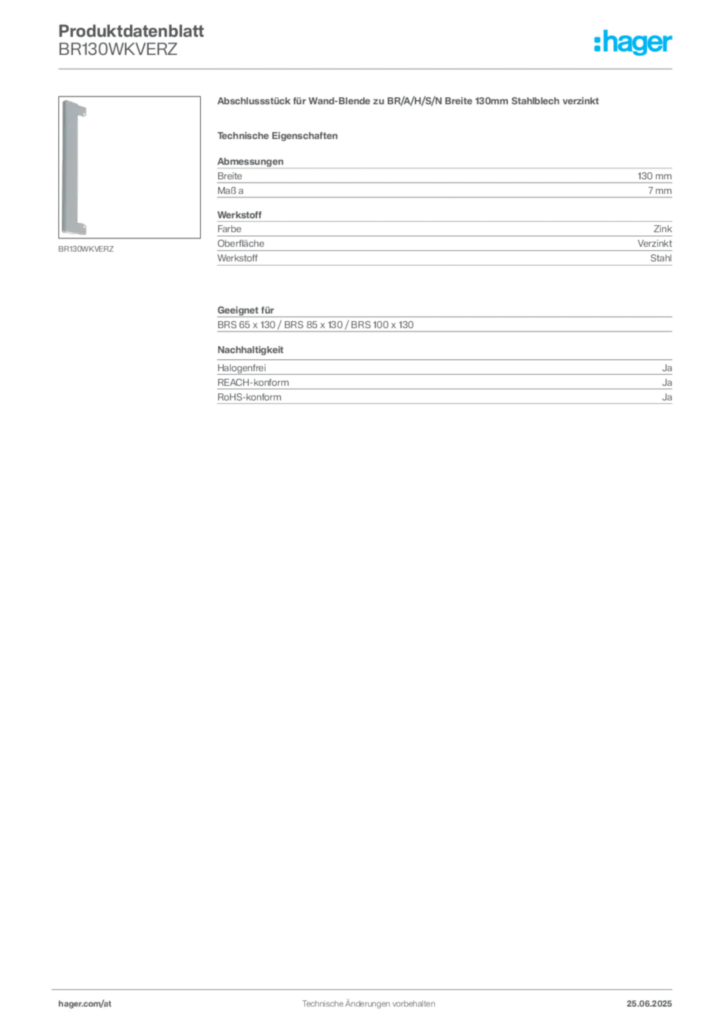 Bild Hager Produktdatenblatt BR130WKVERZ | Hager Deutschland