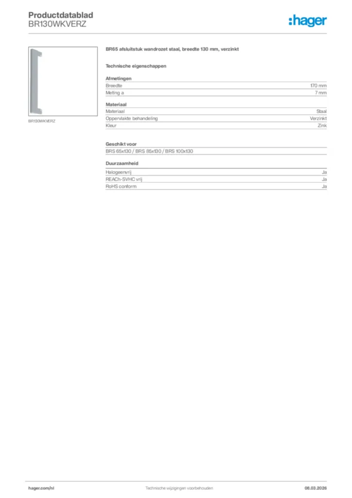 Afbeelding Hager Productdatablad BR130WKVERZ | Hager Nederland