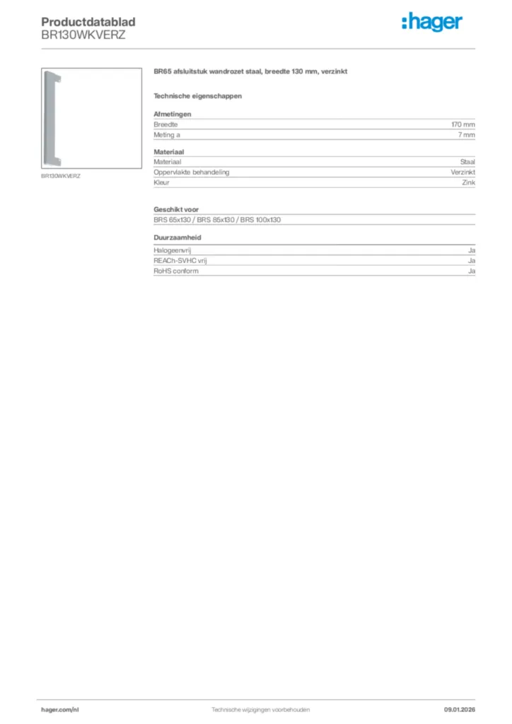 Afbeelding Hager Productdatablad BR130WKVERZ | Hager Nederland