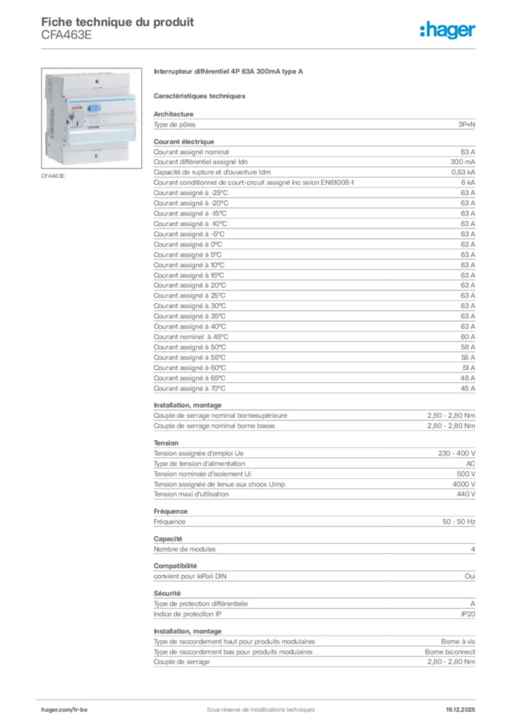 Image Hager Fiche technique du produit CFA463E | Hager Belgique