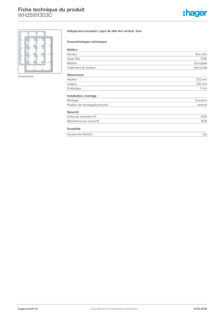 Image Hager Fiche technique du produit WH25911303C | Hager Suisse