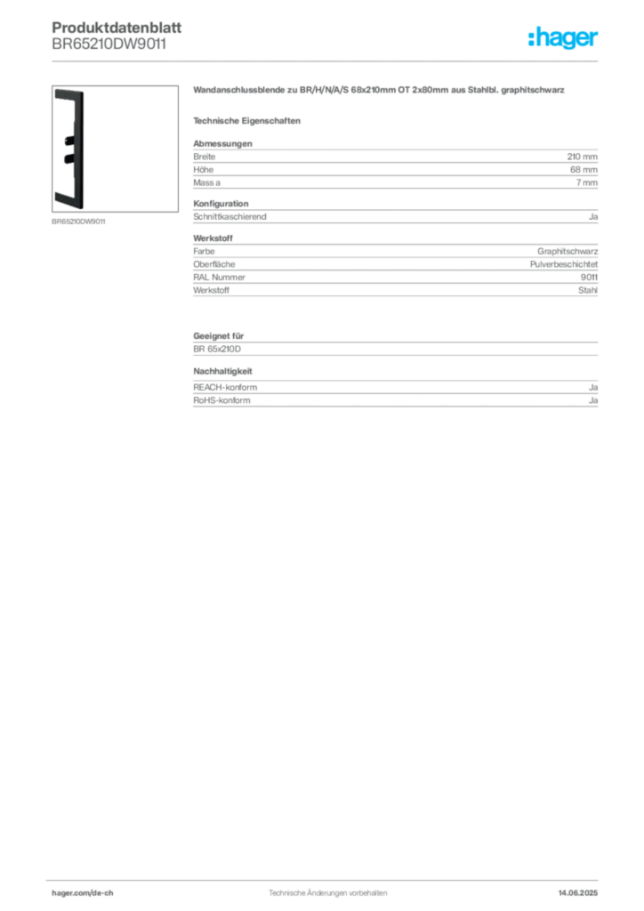 Bild Hager Produktdatenblatt BR65210DW9011 | Hager Schweiz
