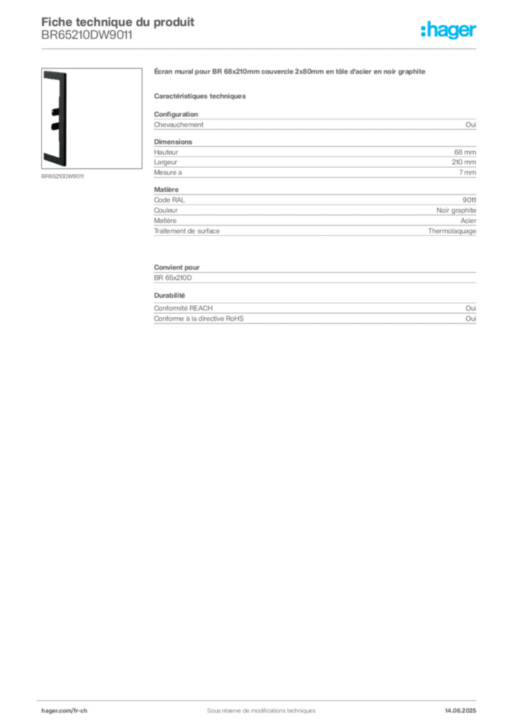 Image Hager Fiche technique du produit BR65210DW9011 | Hager Suisse
