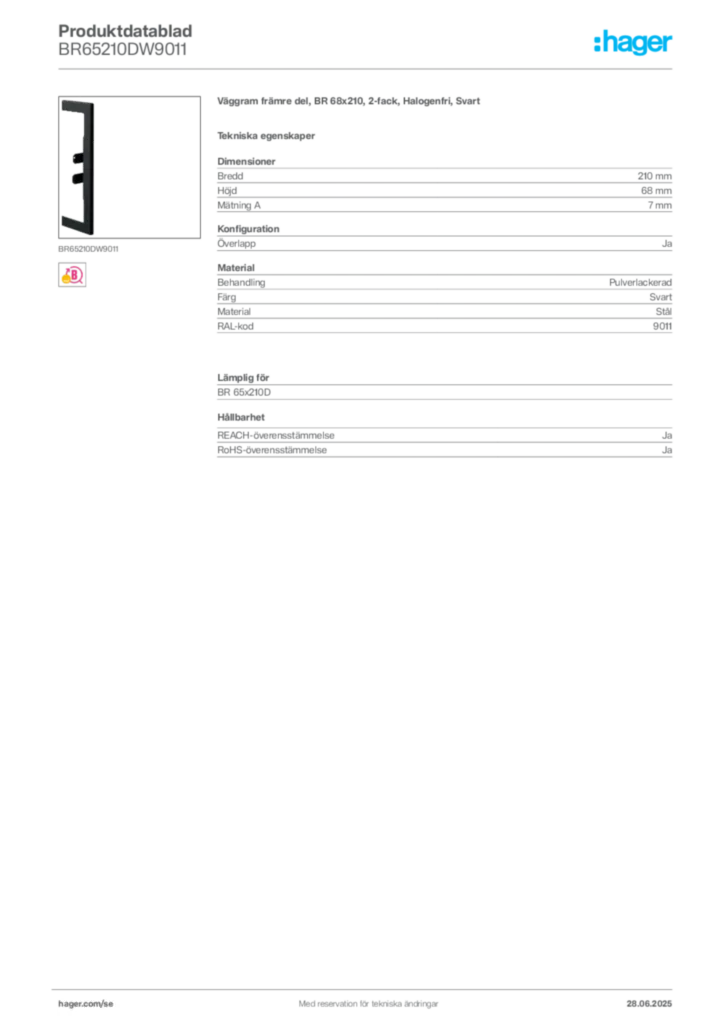 Bild Hager Produktdatablad BR65210DW9011 | Hager Sverige