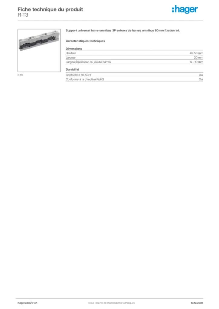 Image Hager Fiche technique du produit R-T3 | Hager Suisse