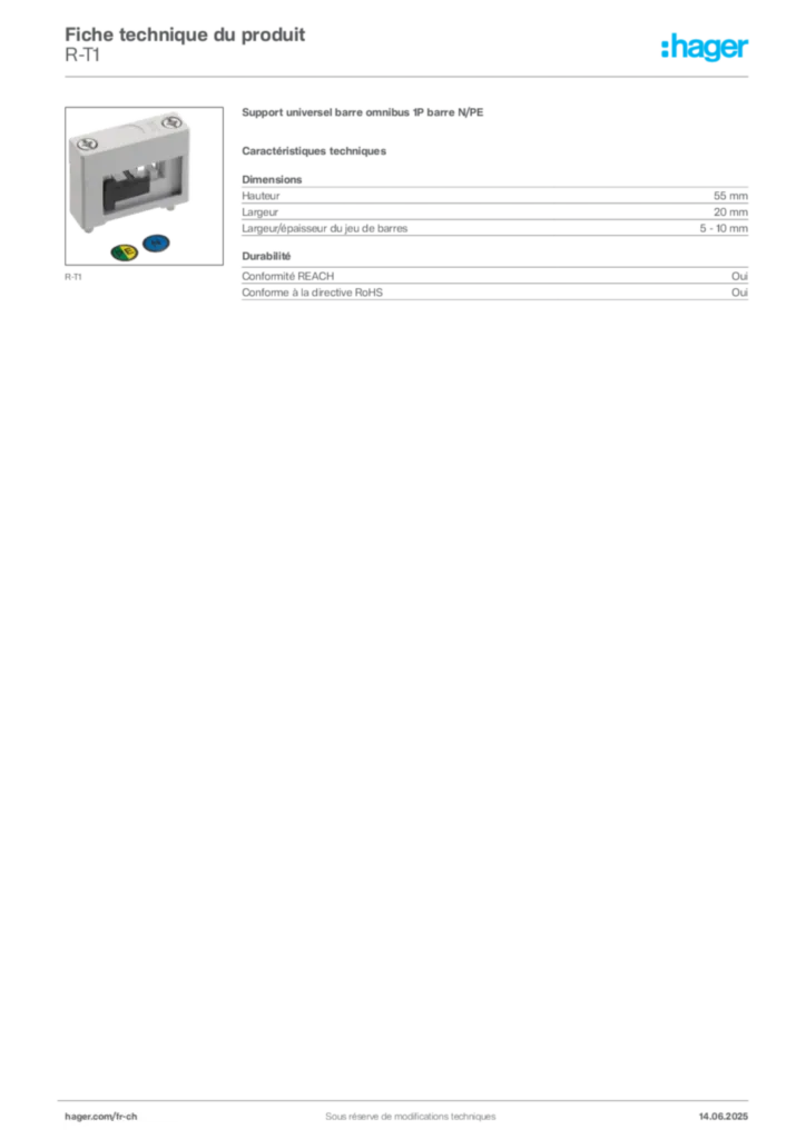 Image Hager Fiche technique du produit R-T1 | Hager Suisse